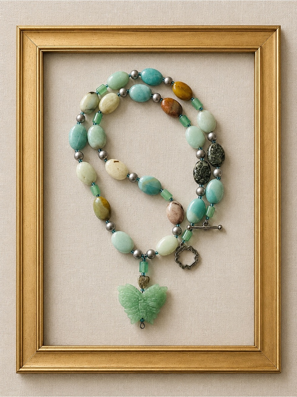 Vtg Artesian Green Multi-Stone Amazonite jade Butterfly Pendant Necklace, toggle